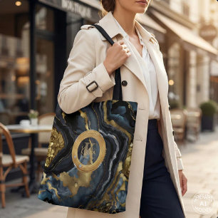 Luxe Navyblauw & Goud Agat Marmer Monogram Tote Bag