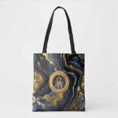 Luxe Navyblauw & Goud Agat Marmer Monogram Tote Bag (Voorkant)