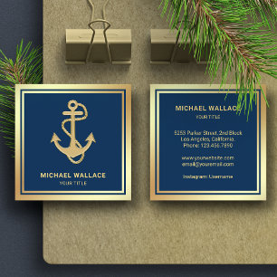 Luxe Navyblauw Goud Folie Zeevaart Touw Anker Vierkante Visitekaartje