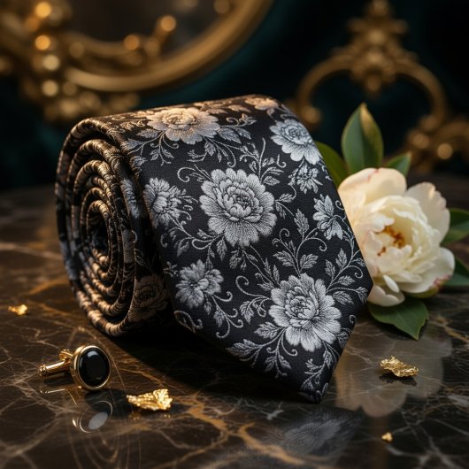 Luxe Navyblauw Gouden Bloemendamast Stropdas