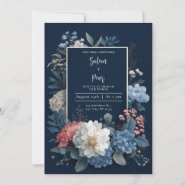 Luxe Navyblauw Gouden Frame Witte Bloemen Bruiloft Kaart