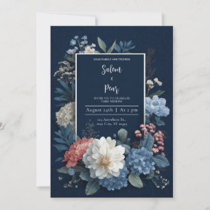 Luxe Navyblauw Gouden Frame Witte Bloemen Bruiloft Kaart