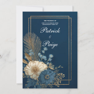 Luxe Navyblauw Gouden Palm Bloemige Trouw- Kaart