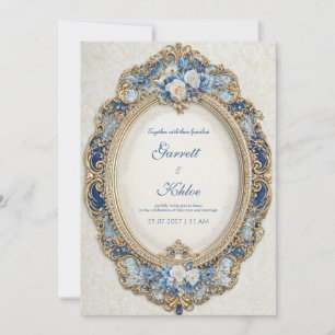 Luxe Navyblauw Gouden Rococo Ovale Lijst Trouwfees Kaart