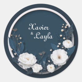 Luxe Navyblauw Witte Bloemmotief Gouden Trouw- Ronde Sticker