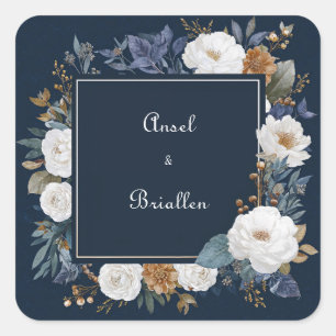 Luxe Navyblauw Witte Pioen Bloem Gouden Lijst Vierkante Sticker