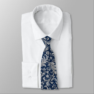 Luxe Navyblauw & Zilver Damast Naadloos Patroon Stropdas