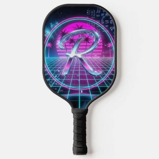 Luxe Neon Chroom Initiaal Monogram Retro Pickleball Paddle (Voorkant)