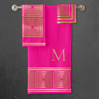 Luxe neon hot roze goud monogram Handdoek set