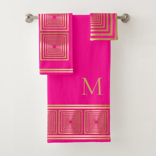 Luxe neon hot roze goud monogram Handdoek set (Insitu)