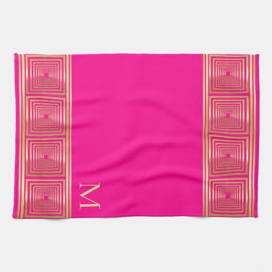 Luxe neon hot roze goud monogram theedoek (Horizontaal)