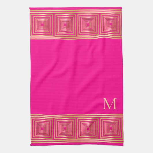 Luxe neon hot roze goud monogram theedoek (Verticaal)
