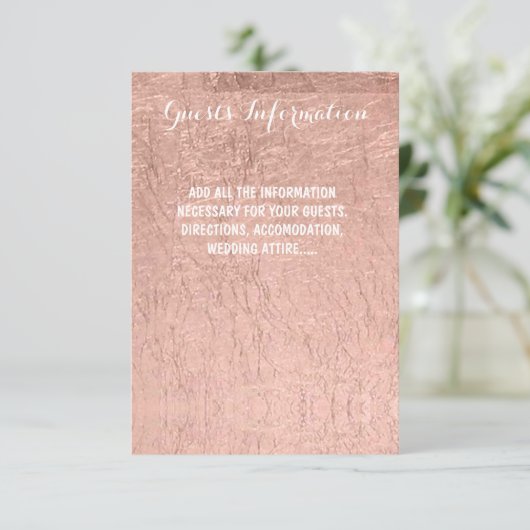 Luxe nep roosgoud blad trouwgast info informatiekaartje (Staand voorkant)