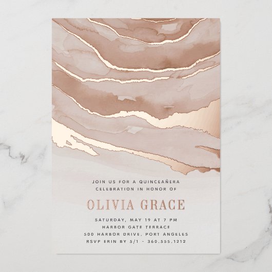 Luxe Neutral Marble Quinceanera Folie Uitnodiging (Voorkant)