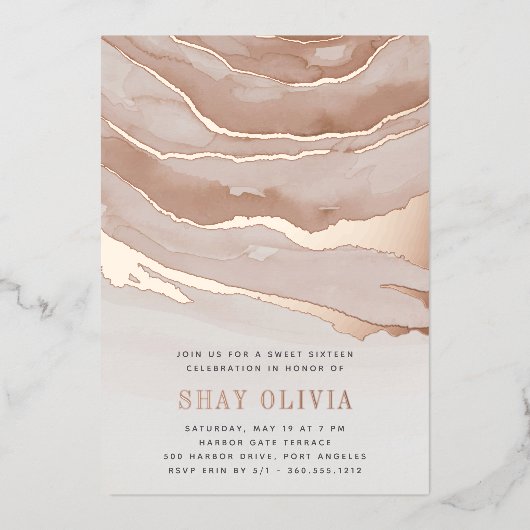 Luxe Neutrale Marble Sweet Sixteen Birthday Folie Uitnodiging (Voorkant)