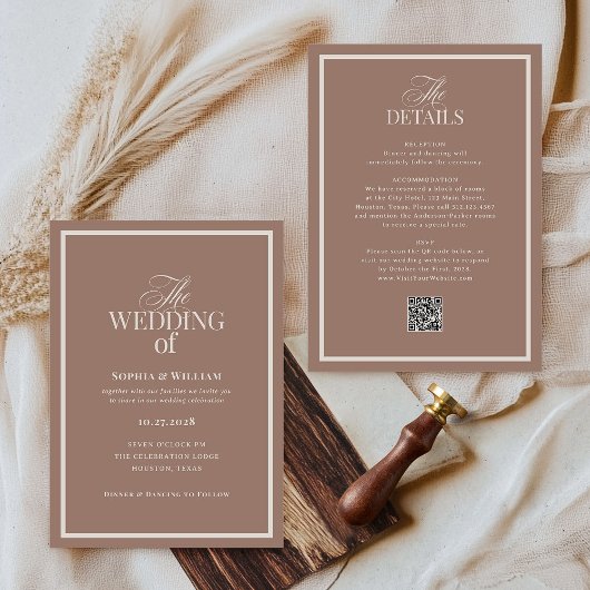 Luxe Neutrale Mocha Taupe | RSVP QR Code Bruiloft Kaart
