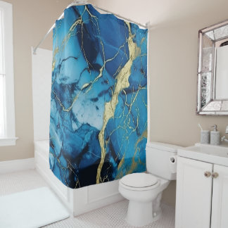 Luxe Oceaanblauwe Marmer Gouden Kintsugi Agate Douchegordijn