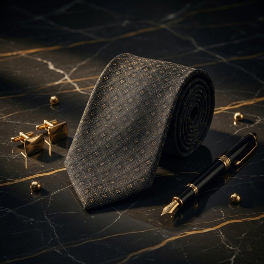 Luxe Onyx en Goud Geometrisch Micro Patroon Stropdas