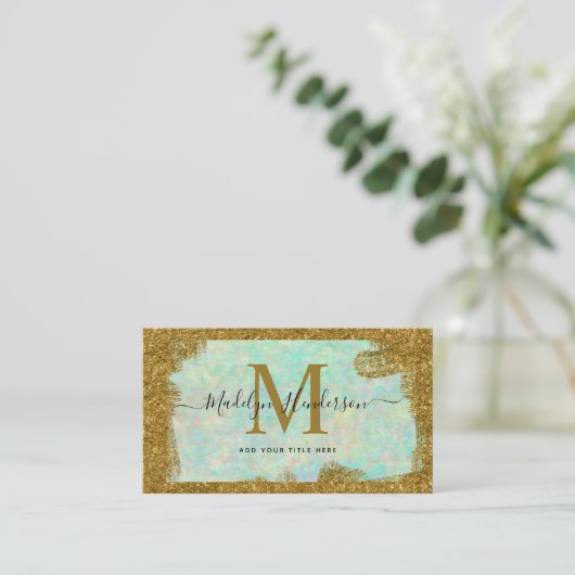 Luxe Opal Gold Brush Social Media Monogram Visitekaartje (Staand voorkant)
