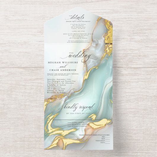 Luxe Opal Teal Gold Fluid Alcohol Ink All In One Uitnodiging (Binnenkant)