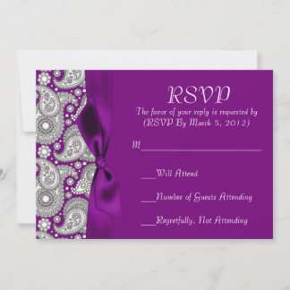 Luxe Ornament Paarse Lint Damast RSVP-kaart Kaart