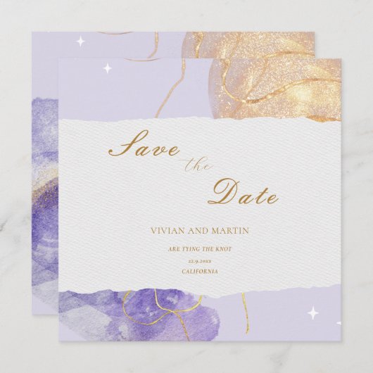 Luxe Paars en Golden Abstract sparen de datum Kaart (Voorkant / Achterkant)