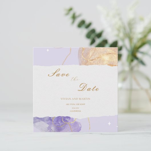 Luxe Paars en Golden Abstract sparen de datum Kaart (Staand voorkant)