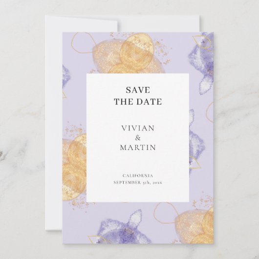 Luxe Paars en Golden Abstract sparen de datum Kaart (Voorkant)