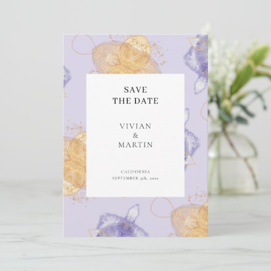 Luxe Paars en Golden Abstract sparen de datum Kaart (Staand voorkant)