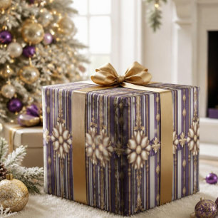 Luxe paars en goud gestreepte Kerstmis Cadeaupapier