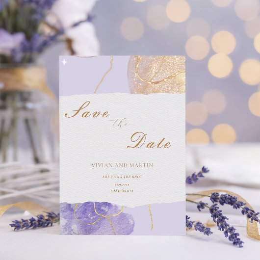 Luxe Paars & Gouden Abstract Bewaar de Datum Kaart
