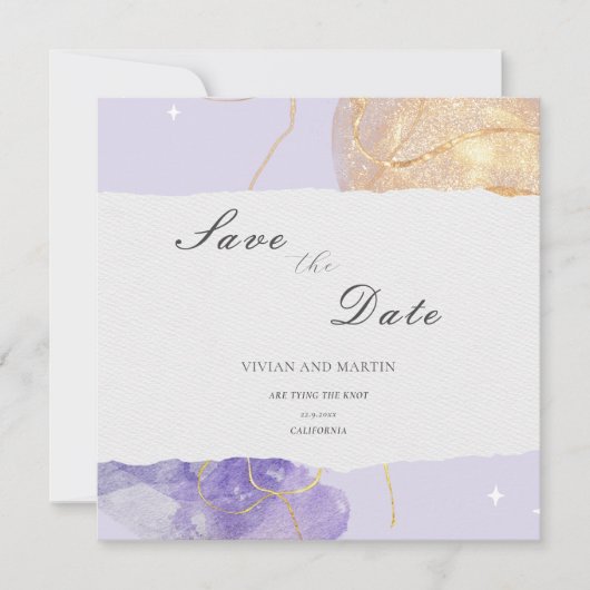 Luxe Paars & Gouden Abstract Save The Date Kaart (Voorkant)
