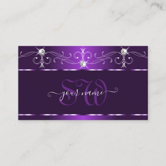 Luxe Paars Squiggles Sparkle Diamonds Initialen Visitekaartje (Voorkant)