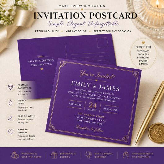 Luxe paarse aangepaste uitnodiging postkaart briefkaart