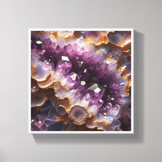 Luxe Paarse Amethist Geode - Goud Omrande Kristal Canvas Afdruk (Voorkant)