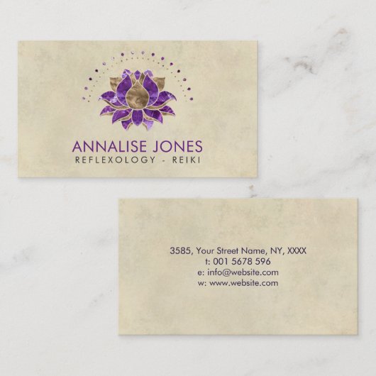 Luxe Paarse Amethyst en gouden Lotus Visitekaartje (Voorkant / Achterkant)