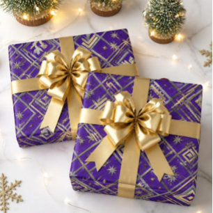 Luxe Paarse Art Deco Gouden & Zilveren Kerstmis Cadeaupapier