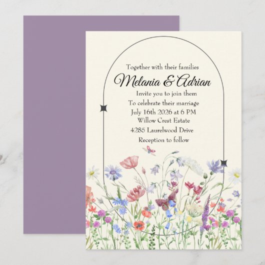 Luxe Paarse beige Wedding Wildflower Kaart (Voorkant / Achterkant)