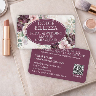 Luxe Paarse Bourgogne Bloemrijke Bruidsmake-up Art Visitekaartje