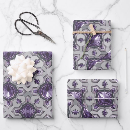 Luxe Paarse Edelstenen Zilveren Wrapping Paper Set (Voorkant)