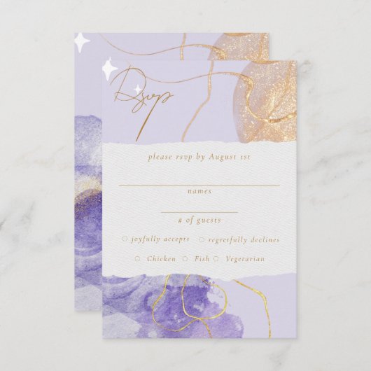 Luxe Paarse en Golden Abstracte RSVP Informatiekaartje (Voorkant / Achterkant)