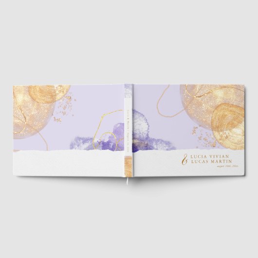Luxe Paarse en gouden Abstracte bruiloft Gastenboek (Volledig)
