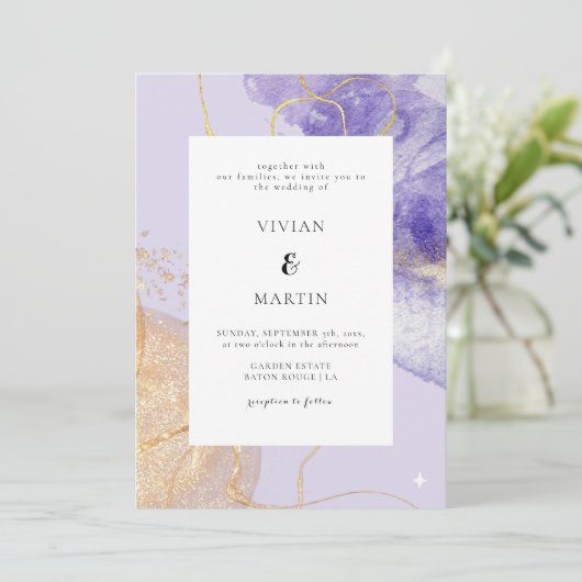 Luxe Paarse en gouden Abstracte bruiloft Kaart (Staand voorkant)