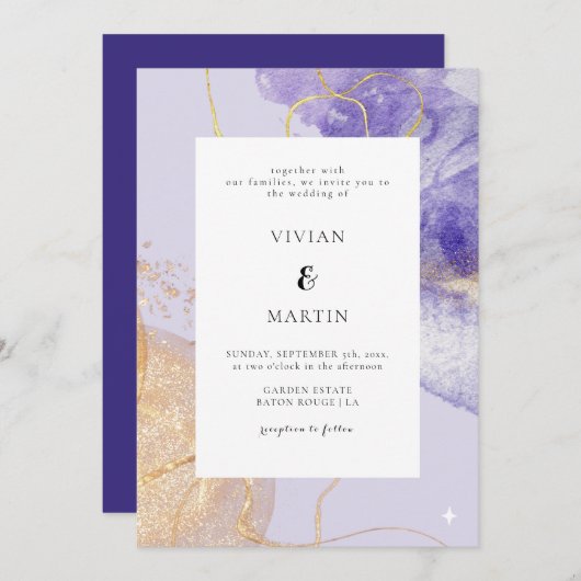 Luxe Paarse en gouden Abstracte bruiloft Kaart (Voorkant / Achterkant)