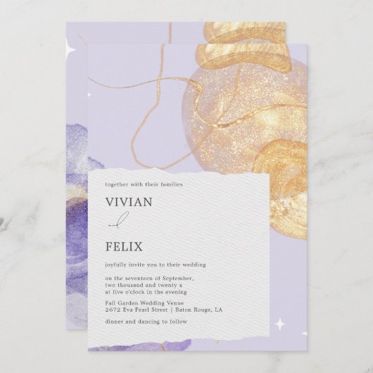 Luxe Paarse en gouden Abstracte bruiloft Kaart (Voorkant / Achterkant)