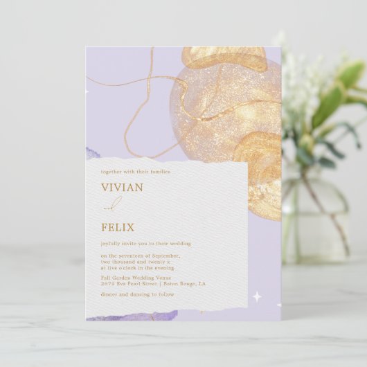 Luxe Paarse en gouden Abstracte bruiloft Kaart (Staand voorkant)
