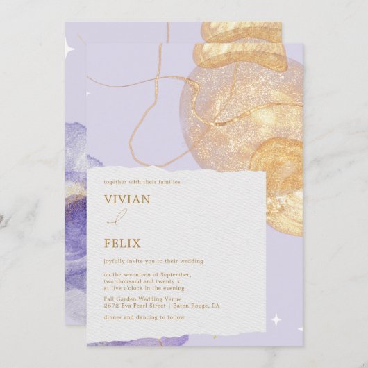 Luxe Paarse en gouden Abstracte bruiloft Kaart (Voorkant / Achterkant)
