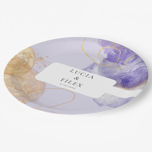 Luxe Paarse en gouden Abstracte bruiloft Papieren Bordje (Gekanteld)