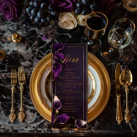 Luxe Paarse en Gouden Calla Lelie Bruiloft Menu