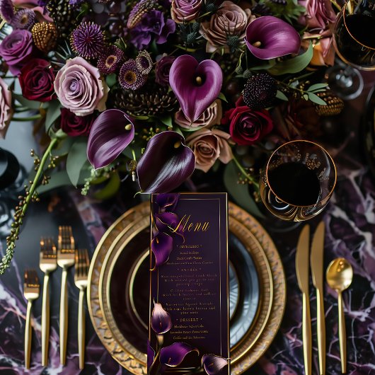 Luxe Paarse en gouden Calla Lily bruiloft Menu